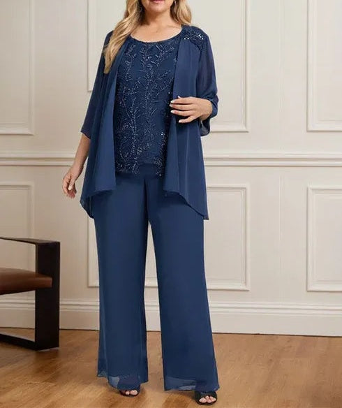 Separates Jumpsuit/Pantsuit Scoop Floor-Length Lace Chiffon Mother of the Bride Dress With Sequins
