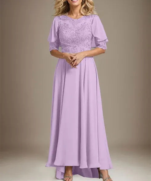 A-line Scoop Illusion Asymmetrical Chiffon Lace Mother of the Bride Dress With Beading