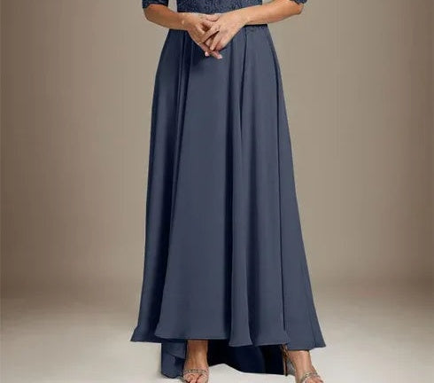 A-line Scoop Illusion Asymmetrical Chiffon Lace Mother of the Bride Dress With Beading