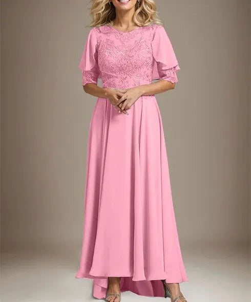 A-line Scoop Illusion Asymmetrical Chiffon Lace Mother of the Bride Dress With Beading