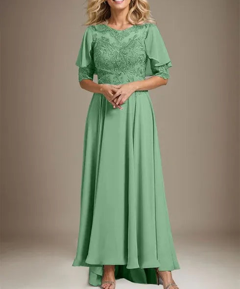 A-line Scoop Illusion Asymmetrical Chiffon Lace Mother of the Bride Dress With Beading
