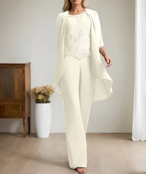 Separates Jumpsuit/Pantsuit Scoop Floor-Length Chiffon Lace Mother of the Bride Dress With Beading Sequins