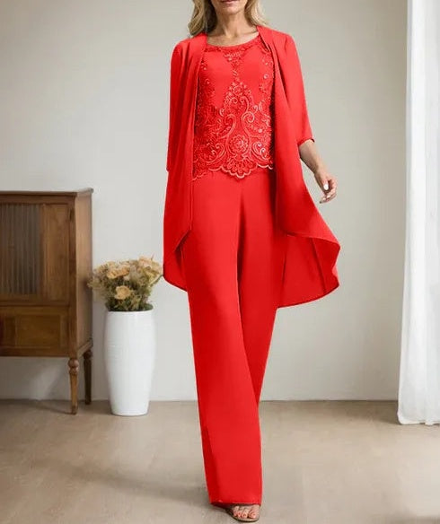 Separates Jumpsuit/Pantsuit Scoop Floor-Length Chiffon Lace Mother of the Bride Dress With Beading Sequins