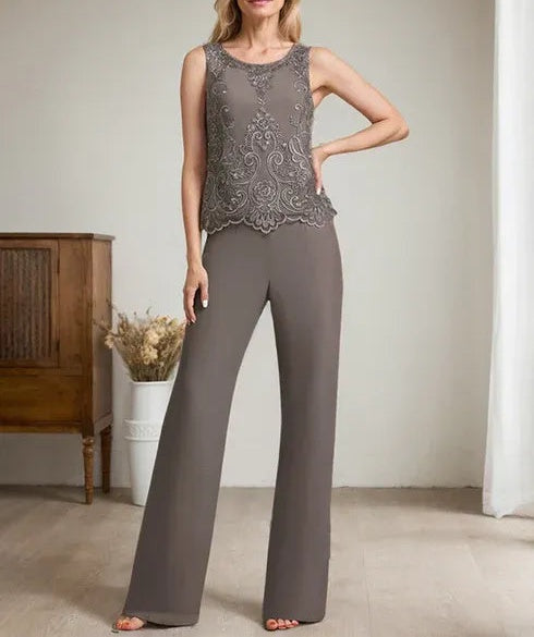 Separates Jumpsuit/Pantsuit Scoop Floor-Length Chiffon Lace Mother of the Bride Dress With Beading Sequins