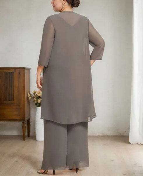 Separates Jumpsuit/Pantsuit Scoop Floor-Length Chiffon Lace Mother of the Bride Dress With Beading Sequins