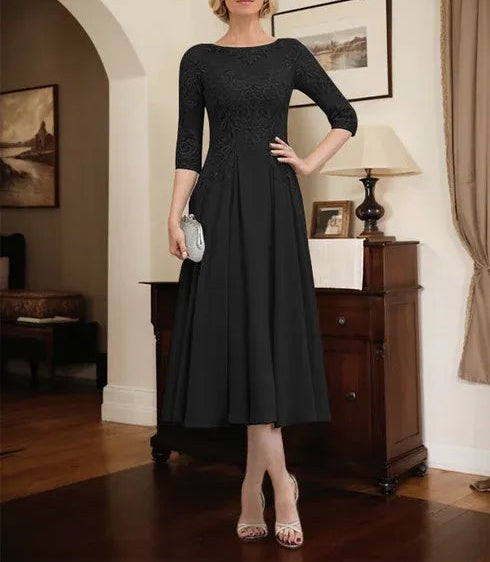 A-line Scoop Illusion Tea-Length Chiffon Lace Mother of the Bride Dress With Beading Sequins