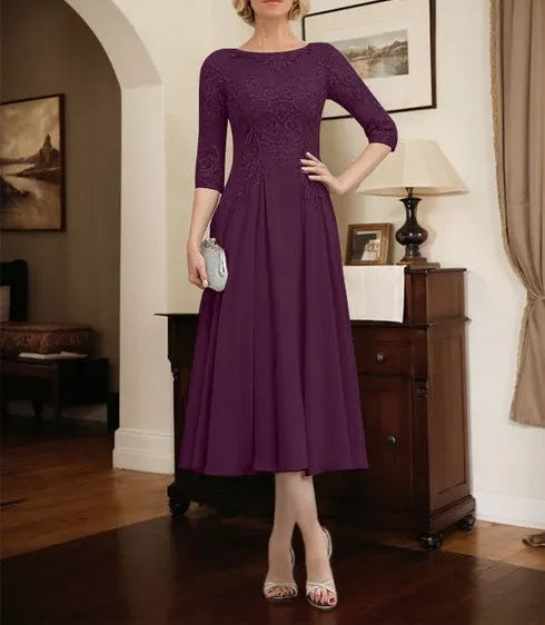 A-line Scoop Illusion Tea-Length Chiffon Lace Mother of the Bride Dress With Beading Sequins