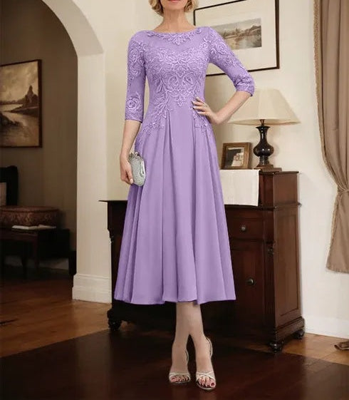 A-line Scoop Illusion Tea-Length Chiffon Lace Mother of the Bride Dress With Beading Sequins