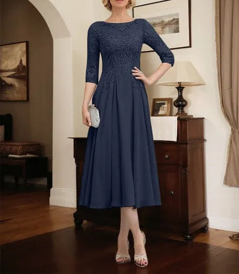 A-line Scoop Illusion Tea-Length Chiffon Lace Mother of the Bride Dress With Beading Sequins