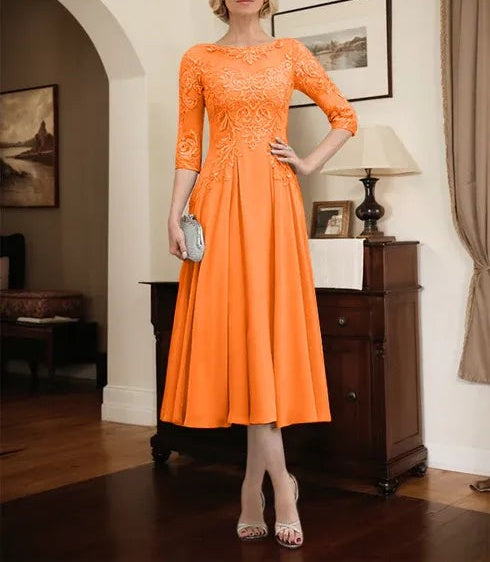 A-line Scoop Illusion Tea-Length Chiffon Lace Mother of the Bride Dress With Beading Sequins
