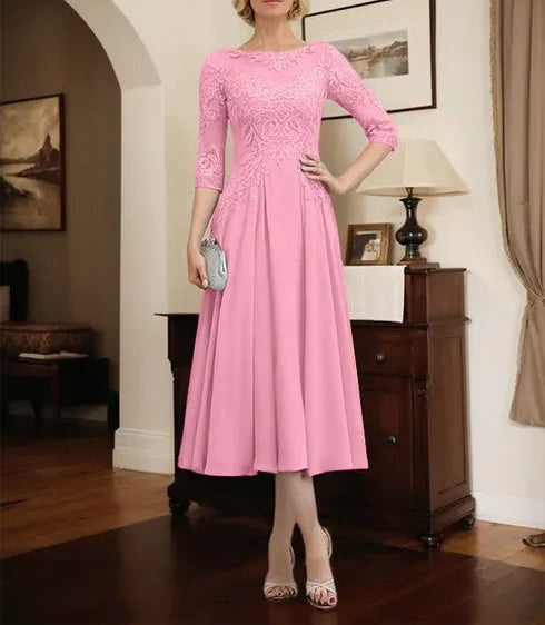 A-line Scoop Illusion Tea-Length Chiffon Lace Mother of the Bride Dress With Beading Sequins