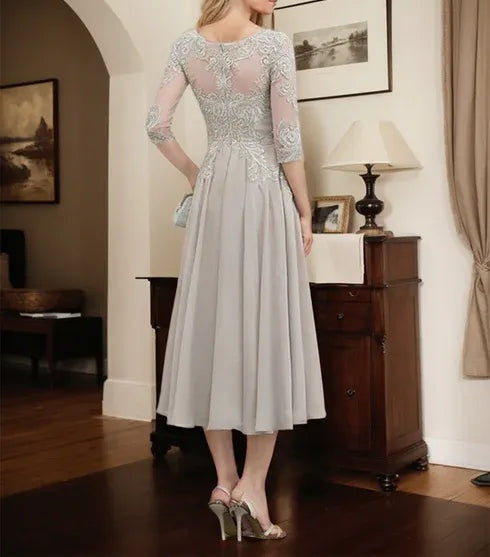 A-line Scoop Illusion Tea-Length Chiffon Lace Mother of the Bride Dress With Beading Sequins
