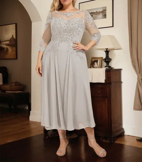 A-line Scoop Illusion Tea-Length Chiffon Lace Mother of the Bride Dress With Beading Sequins