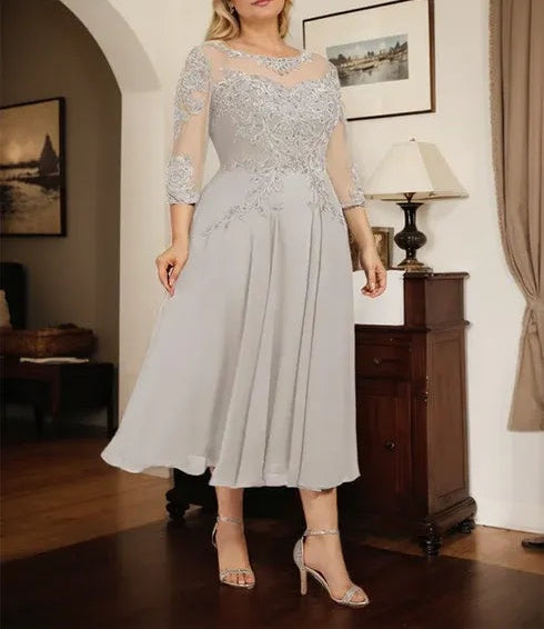 A-line Scoop Illusion Tea-Length Chiffon Lace Mother of the Bride Dress With Beading Sequins