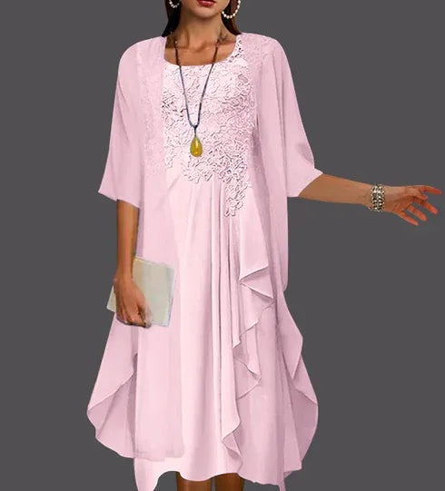 Two Piece A-Line Chiffon Lace Sleeveless Jacket Dresses with Pleats Appliques