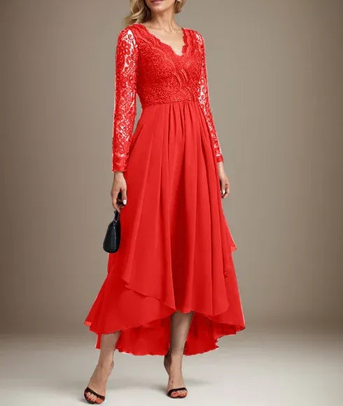 A-line V-Neck Asymmetrical Lace Chiffon Mother of the Bride Dress