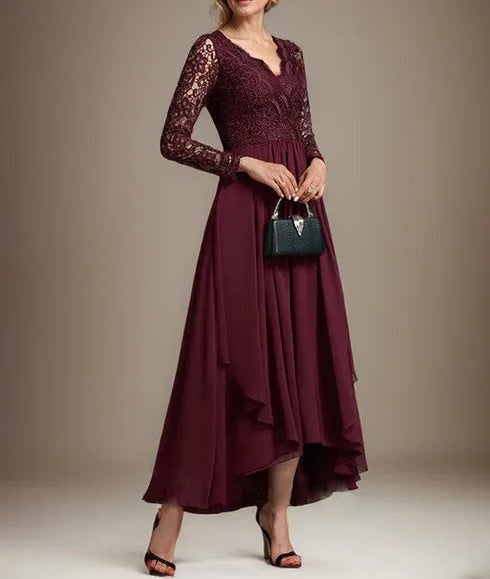 A-line V-Neck Asymmetrical Lace Chiffon Mother of the Bride Dress