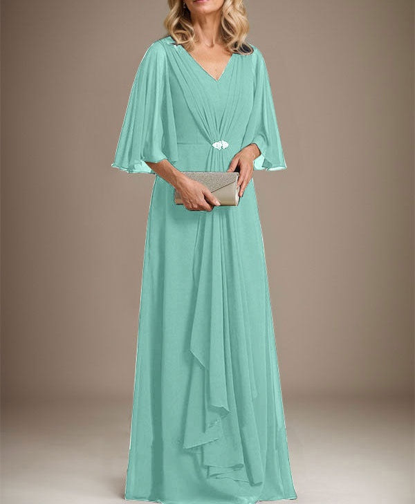 A-line V-Neck Floor-Length Chiffon Mother of the Bride Dress With Cascading Ruffles Crystal Brooch