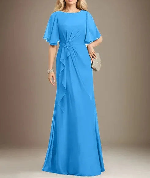A-line Scoop Floor-Length Chiffon Mother of the Bride Dress With Cascading Ruffles Beading Sequins