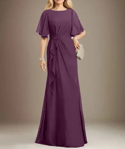 A-line Scoop Floor-Length Chiffon Mother of the Bride Dress With Cascading Ruffles Beading Sequins