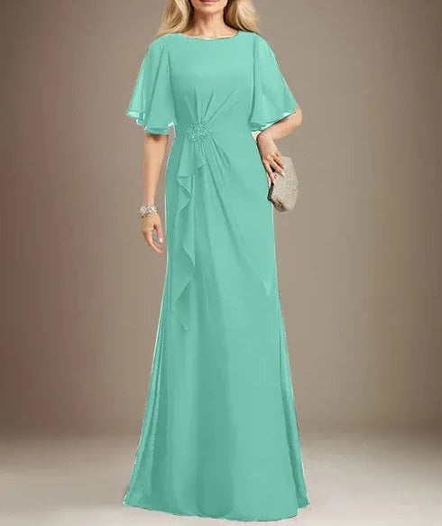 A-line Scoop Floor-Length Chiffon Mother of the Bride Dress With Cascading Ruffles Beading Sequins