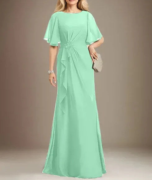 A-line Scoop Floor-Length Chiffon Mother of the Bride Dress With Cascading Ruffles Beading Sequins