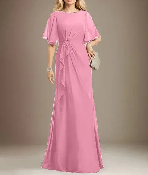 A-line Scoop Floor-Length Chiffon Mother of the Bride Dress With Cascading Ruffles Beading Sequins