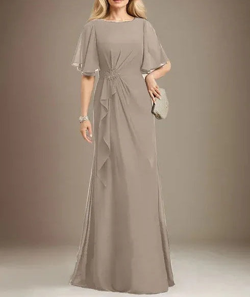 A-line Scoop Floor-Length Chiffon Mother of the Bride Dress With Cascading Ruffles Beading Sequins