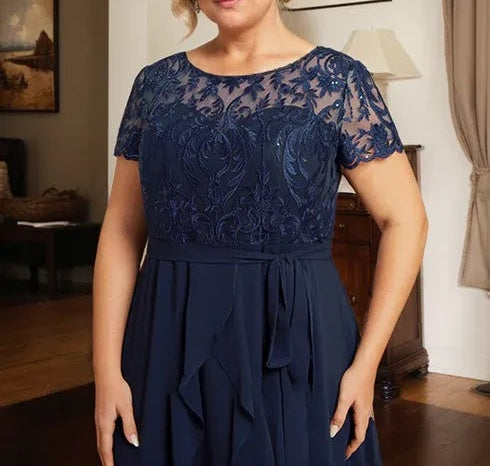 A-line Scoop Illusion Asymmetrical Chiffon Lace Mother of the Bride Dress With Bow Ruffle Sequins