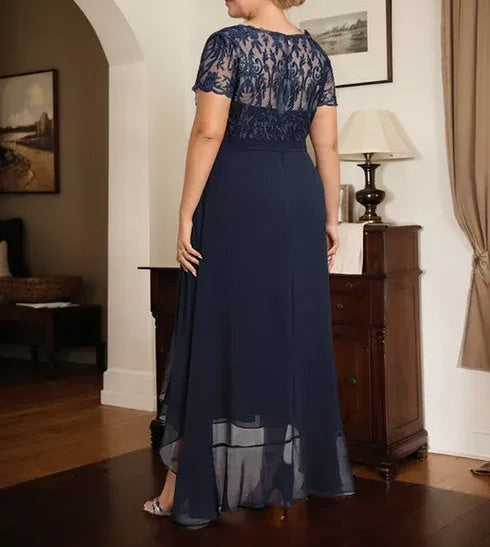 A-line Scoop Illusion Asymmetrical Chiffon Lace Mother of the Bride Dress With Bow Ruffle Sequins