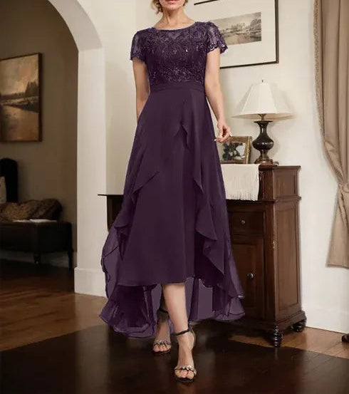 A-line Scoop Illusion Asymmetrical Chiffon Lace Mother of the Bride Dress With Bow Ruffle Sequins