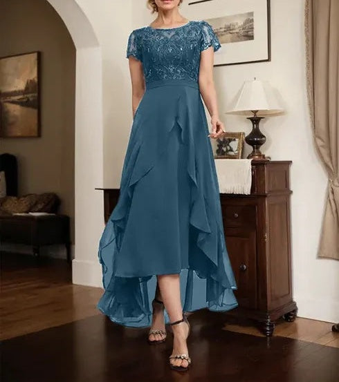 A-line Scoop Illusion Asymmetrical Chiffon Lace Mother of the Bride Dress With Bow Ruffle Sequins