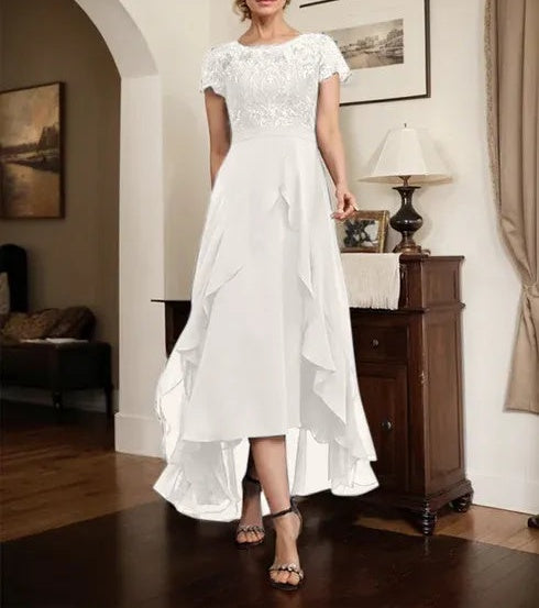 A-line Scoop Illusion Asymmetrical Chiffon Lace Mother of the Bride Dress With Bow Ruffle Sequins
