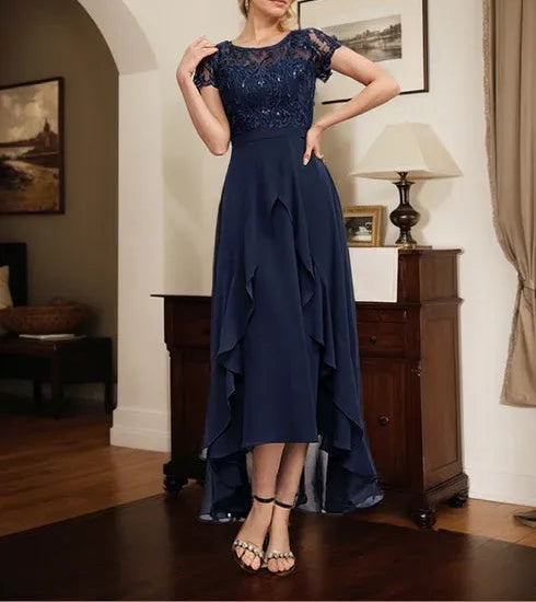 A-line Scoop Illusion Asymmetrical Chiffon Lace Mother of the Bride Dress With Bow Ruffle Sequins