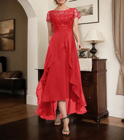 A-line Scoop Illusion Asymmetrical Chiffon Lace Mother of the Bride Dress With Bow Ruffle Sequins