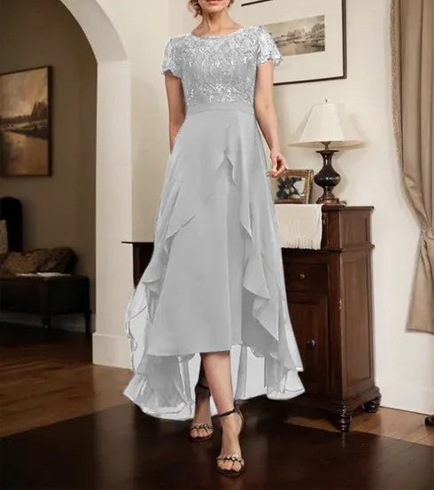 A-line Scoop Illusion Asymmetrical Chiffon Lace Mother of the Bride Dress With Bow Ruffle Sequins
