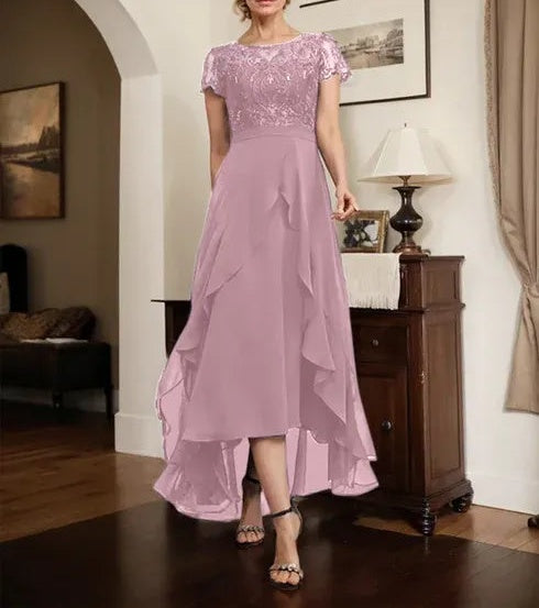 A-line Scoop Illusion Asymmetrical Chiffon Lace Mother of the Bride Dress With Bow Ruffle Sequins