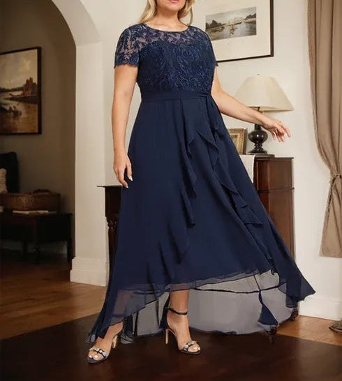 A-line Scoop Illusion Asymmetrical Chiffon Lace Mother of the Bride Dress With Bow Ruffle Sequins