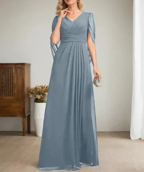 Dark Navy A-Line V-Neck Long Mother of Bride Dress