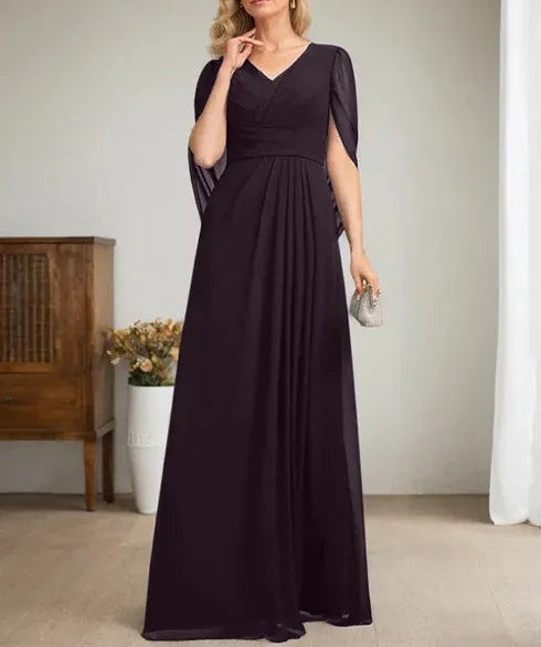 Dark Navy A-Line V-Neck Long Mother of Bride Dress