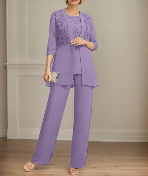 Jumpsuit/Pantsuit Separates Scoop Floor-Length Chiffon Lace Mother of the Bride Dress With Sequins