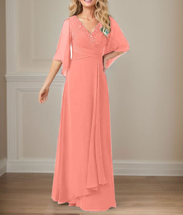 A-Line V-Neck Long Sequins Chiffon Mother Dress