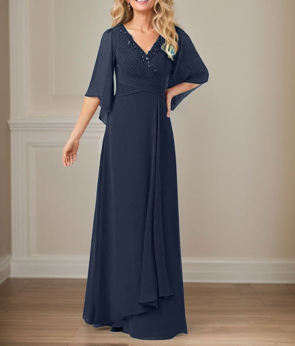 A-Line V-Neck Long Sequins Chiffon Mother Dress