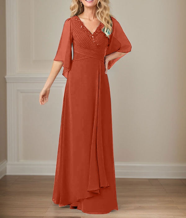 A-Line V-Neck Long Sequins Chiffon Mother Dress