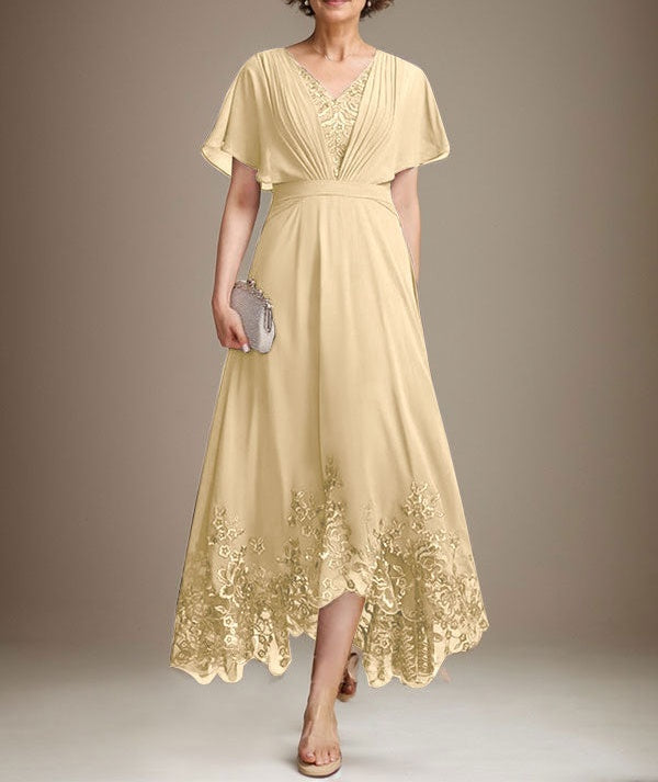 A-line V-Neck Asymmetrical Lace Chiffon Mother of the Bride Dress With Pleated