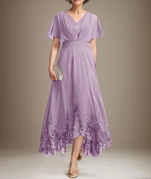 A-line V-Neck Asymmetrical Lace Chiffon Mother of the Bride Dress With Pleated