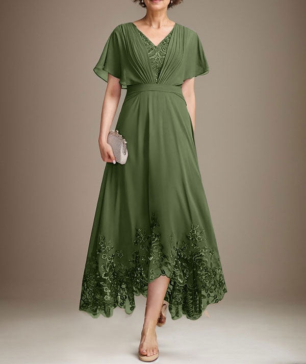 A-line V-Neck Asymmetrical Lace Chiffon Mother of the Bride Dress With Pleated