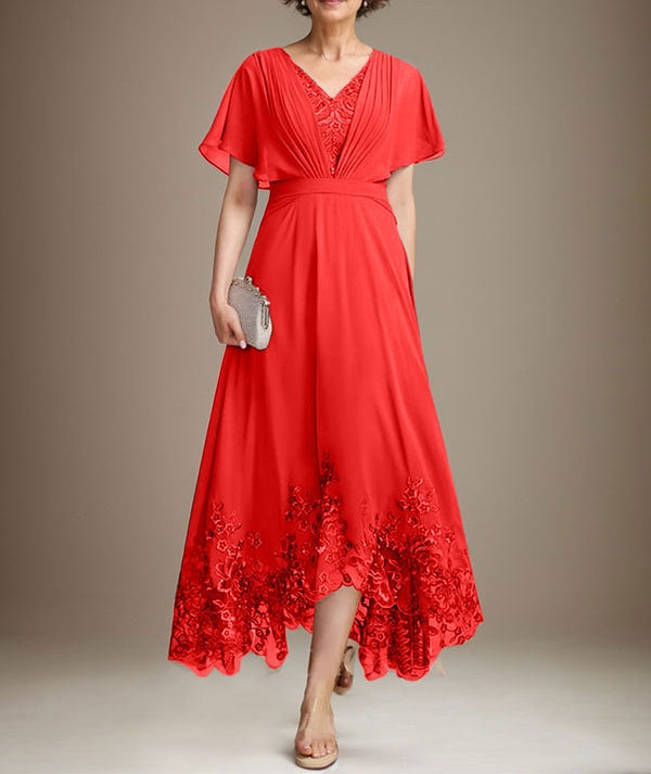 A-line V-Neck Asymmetrical Lace Chiffon Mother of the Bride Dress With Pleated
