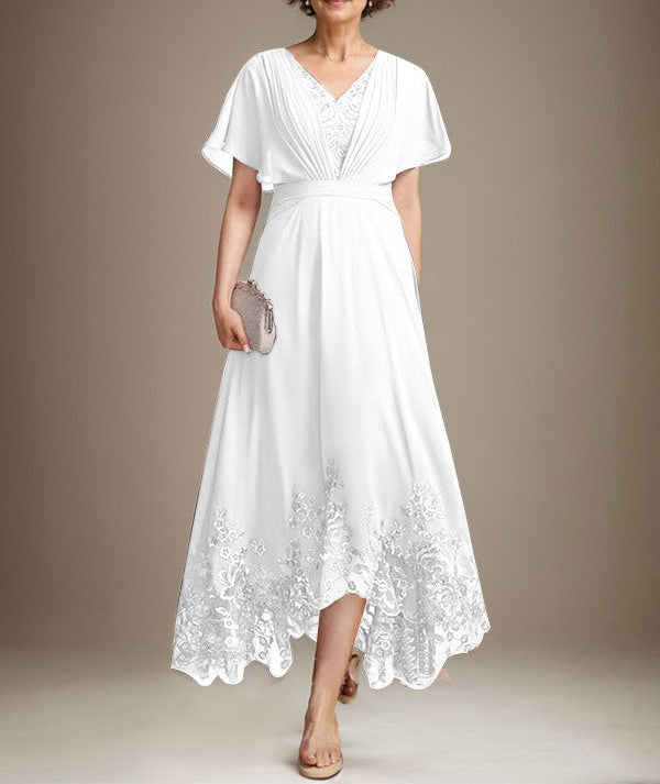 A-line V-Neck Asymmetrical Lace Chiffon Mother of the Bride Dress With Pleated