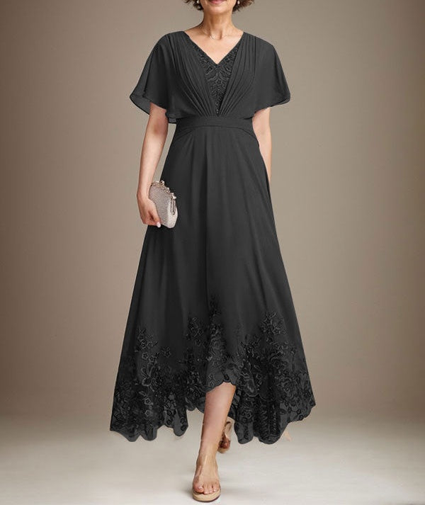 A-line V-Neck Asymmetrical Lace Chiffon Mother of the Bride Dress With Pleated
